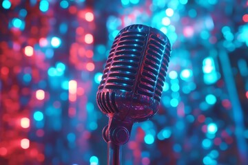 Vintage microphone on stage bathed in vibrant blue and red stage lights ready for a performance capturing the energy of