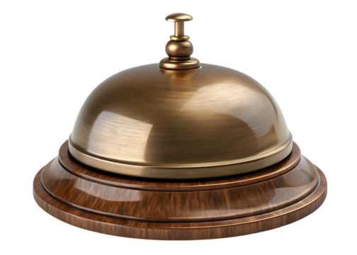Elegant brass service bell on wood base, ready for assistance in a classic hotel or restaurant