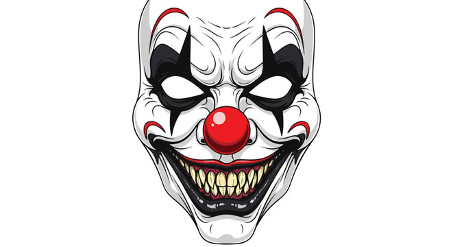 An illustration of a terrifying evil clown face with a menacing grin and sharp teeth on a white background.
