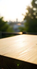 Selective focus.Wood table top counter with beautiful blur big glass wall texture | background 