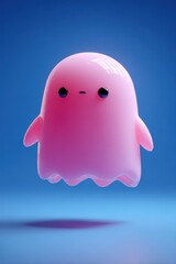 Cute pink cartoon ghost floating in blue sky with reflection, dreamy 3D character for children's animation and games