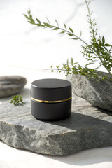 Minimalist black cosmetic jar with gold accent on textured stone and greenery