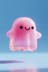 Cute pink cartoon ghost floating in blue sky with reflection, dreamy 3D character for children's animation and games