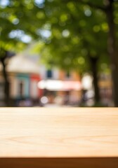 Selective focus.Wood table top counter with beautiful blur big glass wall texture | background 