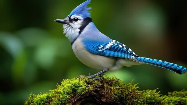 Blue jay perched on moss