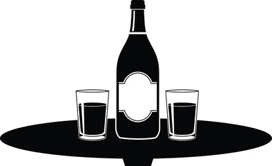 Bottle of liquor and two glasses on a table isolated on white background black and white vector illustration