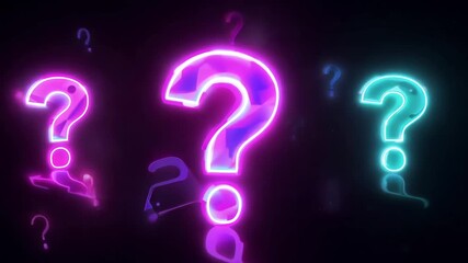 Cartoon neon glowing question marks floating flickering gently dark background, simple minimal composition, futuristic cyber seamless loop contrast vibrant colors, 4K animation - Powered by Adobe