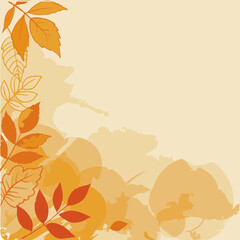 Autumnal leaves in various shades of orange and red, positioned in a corner design on a textured, cream-colored background. Artistic nature elements with an aged effect.