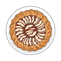Overhead view of a delicious apple tart with a flaky crust on a white plate.