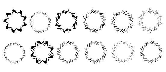 hairdressing tools, round frame. Round frame with scissors, combs, hairdryer, hairpins. arranged in a circle. Vector square, isolated on white background.