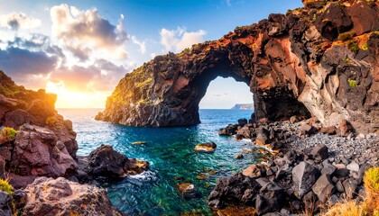 Dramatic coastal archway at sunset