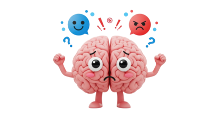 Isolated cartoon brain feeling stressed, thinking about conflicting positive and negative emotion