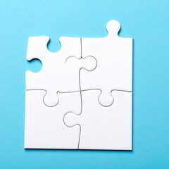 Four white puzzle pieces, one missing, on a light blue background; a concept of teamwork, collaboration, or problem-solving