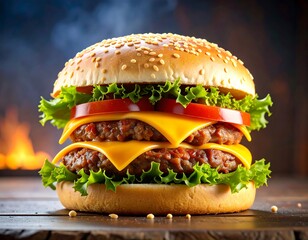 Delicious double cheeseburger on a rustic wooden table