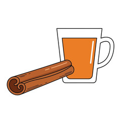 A warm beverage in a clear glass mug with a cinnamon stick resting beside it.
