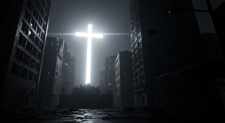Bright Illuminated Cross in Urban Cityscape During Rainy Night
