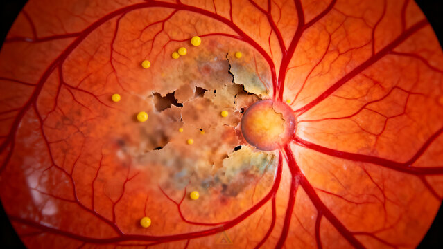 A detailed, abstract representation of age-related macular degeneration (AMD), with emphasis on the macula.