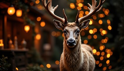 A majestic reindeer with magnificent antlers stands proudly against a festive background of twinkling Christmas lights, casting a warm and magical glow around its surroundings.