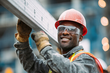 a smiling black construction worker in an orange vest and safety glasses is holding up the metal beam he just repaired with his right hand while working on a modern white building interior, 