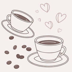 Coffee cups with coffee beans and hearts illustration