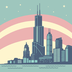 Obraz premium Chicago skyline with rainbow and stars in a retro style illustration