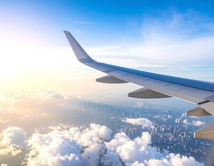 Obraz premium Aerial view of city through airplane wing at sunrise