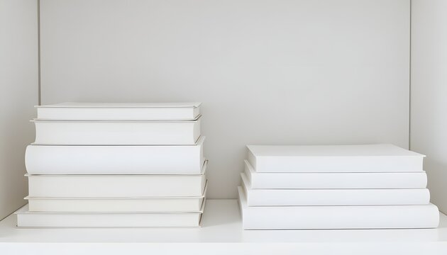 A stack of pristine white books sits tidily on a sleek white bookshelf, creating a sense of order and sophistication in the room.