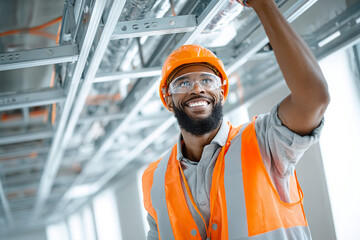 a smiling black construction worker in an orange vest and safety glasses is holding up the metal beam he just repaired with his right hand while working on a modern white building interior, 