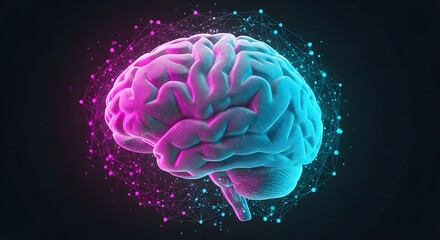 Obraz premium Illuminated brain model surrounded by a network of glowing dots in pink and blue hues on black