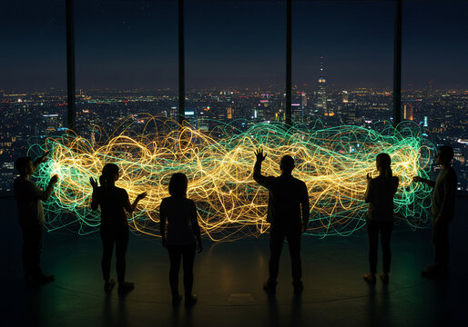 Silhouetted figures stand before a large window overlooking a cityscape at night, interacting with glowing, swirling light patterns.