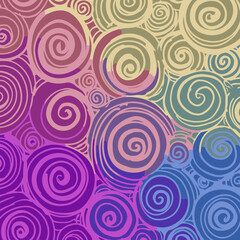 Abstract graphic design featuring layered circles and swirling patterns in varying shades of purple, pink, and blue. Intricate hand-drawn style with a soft, ombre effect.