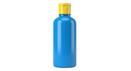 Isolated blue plastic bottle with yellow cap, generic personal care or beauty product