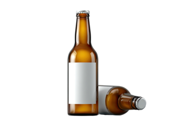 Two amber glass beer bottles, side-by-side, with blank white labels