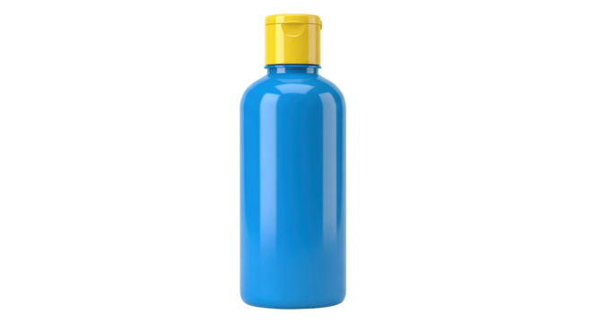 Isolated blue plastic bottle with yellow cap, generic personal care or beauty product
