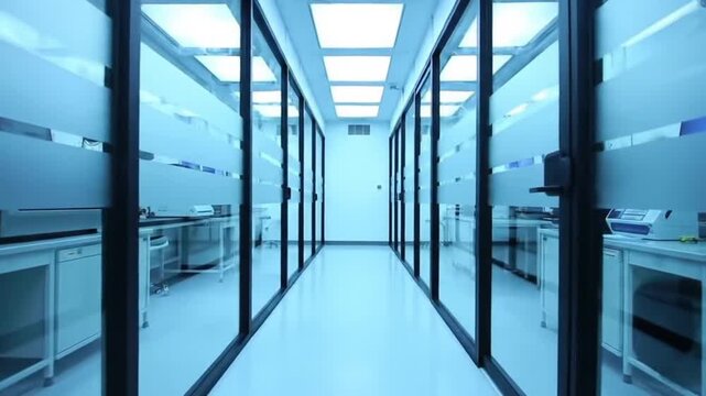 Futuristic Biolab Interior Long Wide Cinematic Shot with Glowing Blue Illumination Glass Walls and Scientific Equipment in Pharmaceutical Laboratory for Advanced Research 200