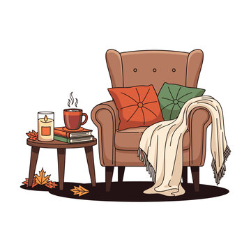 Cozy Autumn Armchair Scene: Warm Drink, Books, and Candlelight