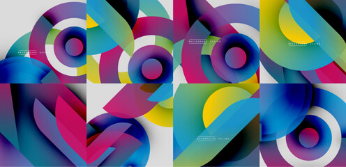 Abstract colorful backgrounds, geometric shapes overlap. Vibrant gradients create dynamic visual effect. Modern design elements present.
