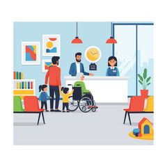 Happy Family at Modern Clinic Reception Desk, Inclusive Design