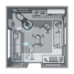 Smart Home Automation: Drone, Robot Vacuum, and Robotic Arm in Modern Living Room