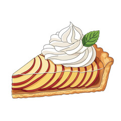 A delicious slice of apple pie topped with whipped cream and a mint leaf, presented on a white background.