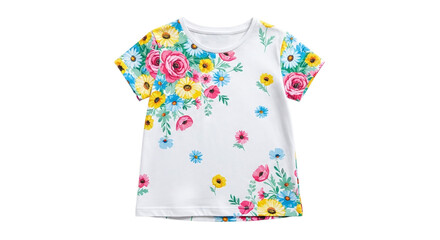 Floral tshirt isolated on transparent background short sleeve top with colorful flower print casual summer wear for girls and women
