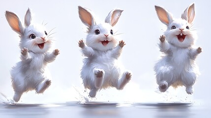 Fototapeta premium Three happy rabbits jumping playful joy fluffy energy wallpaper