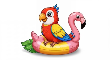 Cartoon parrot riding flamingo float summer vacation illustration