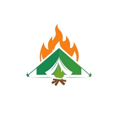 Camping tent logo with flames and campfire