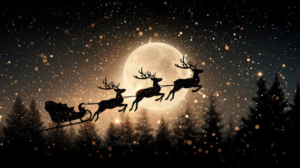 Naklejka premium Nocturnal Journey: Santa's Sleigh, propelled by the legendary reindeer, streaks across the night sky illuminated by the ethereal moonlight. The scene captures the magic, mystery.