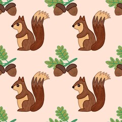 Fototapeta premium Cute Squirrel and Acorn Seamless Pattern – Woodland Autumn Design