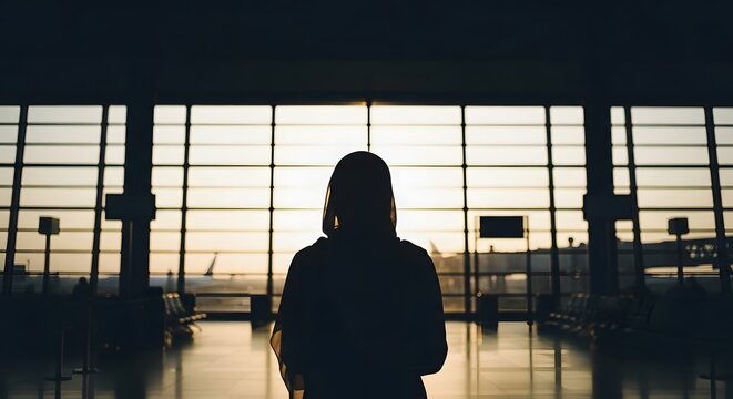 Silhouette of a lone traveler watching a plane from an airport terminal window at sunset. - Powered by Adobe