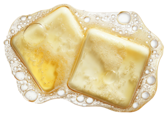 Two squares of a pale yellow substance, possibly butter or soap, sitting atop a bubbly, liquid surface