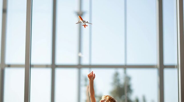 A joyful child plays with a toy airplane while sitting on an orange suitcase, filled with dreams of adventure and exploration. - Powered by Adobe