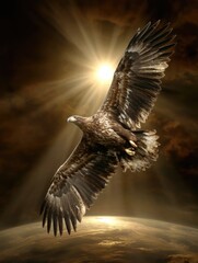 A majestic eagle soars through a golden, sunlit sky, wings outstretched against a dramatic backdrop of clouds and a celestial sphere.